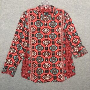 Talbots M Geometric Print Button-Up Shirt Coral Aqua Colorful Aztec Tribal Soft